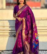Violet silk blend saree with unstitched blouse