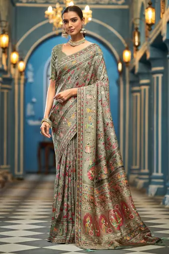 Dark grey soft silk blend saree with unstitched blouse