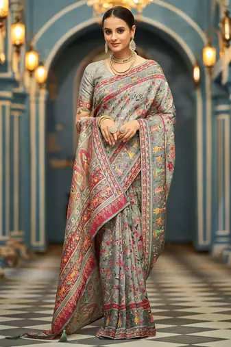 Light grey soft silk blend saree with unstitched blouse