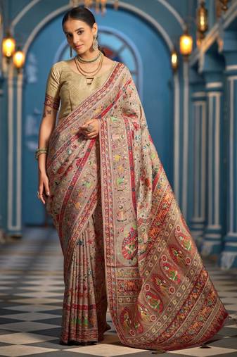 Beige soft silk blend saree with unstitched blouse