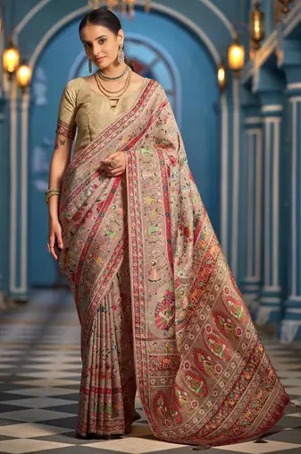 Beige soft silk blend saree with unstitched blouse