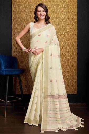 Cream organza saree with unstitched blouse