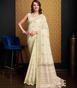 Cream organza saree with unstitched blouse
