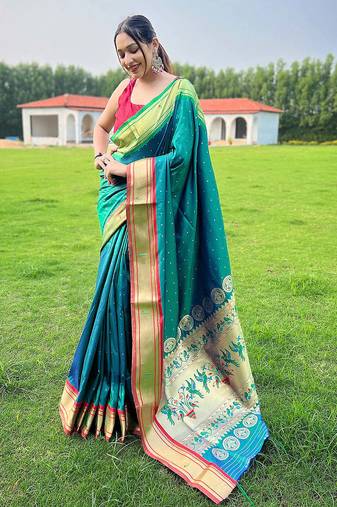 Green silk blend saree with unstitched blouse