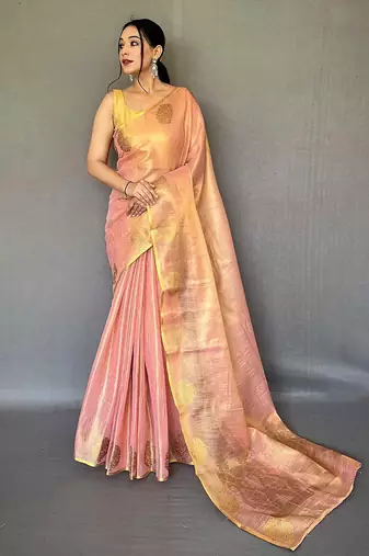 Pink silk blend saree with unstitched blouse