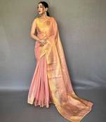 Pink silk blend saree with unstitched blouse