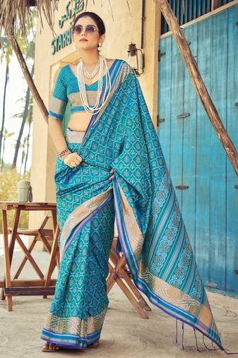 Blue soft silk blend saree with unstitched blouse