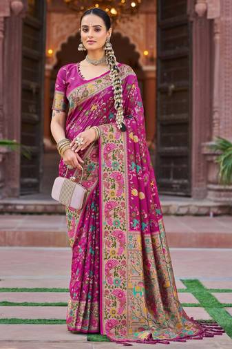 Dark pink soft silk blend saree with unstitched blouse