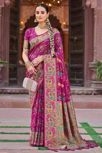 Dark pink soft silk blend saree with unstitched blouse