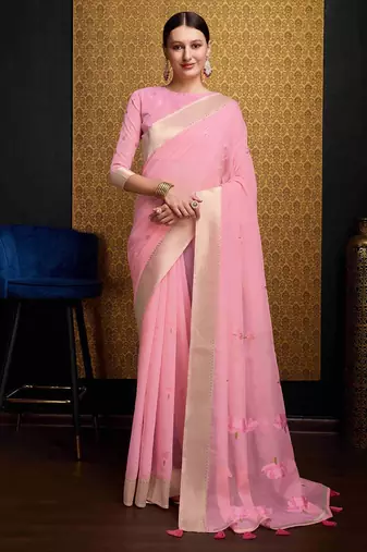 Baby pink linen saree with unstitched blouse