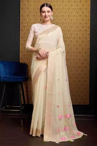 Cream linen saree with unstitched blouse