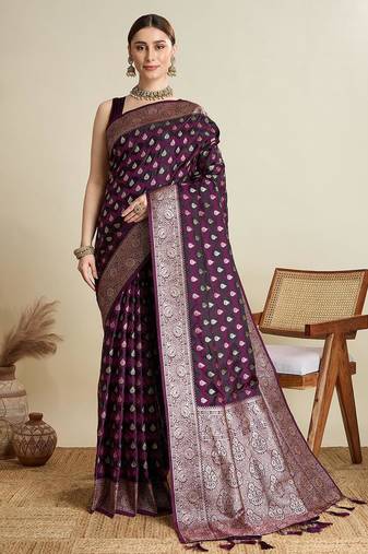Voilet soft silk blend saree party wear with unstitched blouse