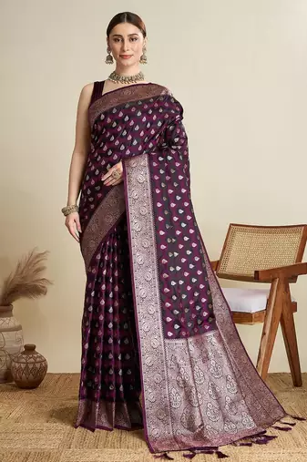 Voilet soft silk blend saree party wear with unstitched blouse