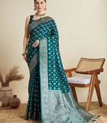 Green soft silk blend saree party wear with unstitched blouse
