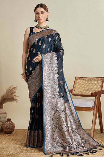 Black soft silk blend saree party wear with unstitched blouse