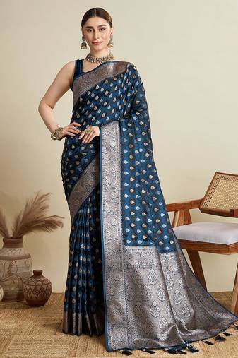 Blue soft silk blend saree party wear with unstitched blouse