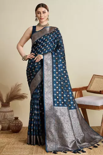 Blue soft silk blend saree party wear with unstitched blouse