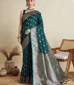 Green soft silk blend saree party wear with unstitched blouse