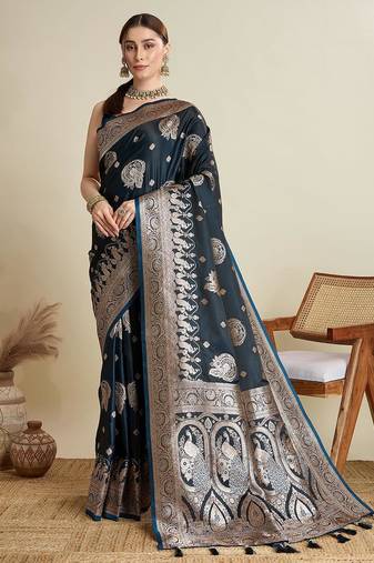 Black soft silk blend saree party wear with unstitched blouse