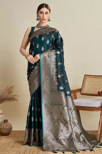 Green soft silk blend saree party wear with unstitched blouse