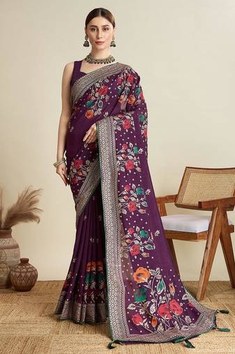 Voilet cotton saree party wear with unstitched blouse