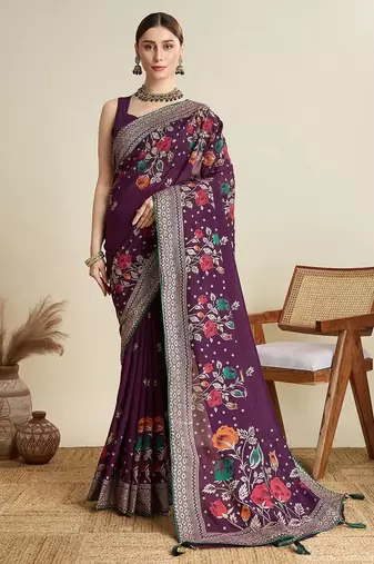 Voilet cotton saree party wear with unstitched blouse