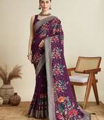 Voilet cotton saree party wear with unstitched blouse