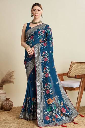 Blue cotton saree party wear with unstitched blouse