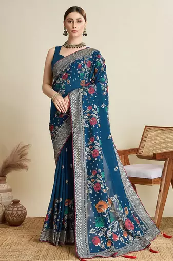 Blue cotton saree party wear with unstitched blouse