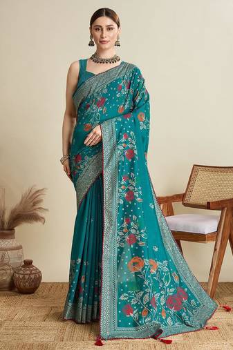 Rama green cotton saree party wear with unstitched blouse