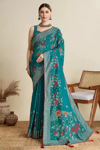 Rama green cotton saree party wear with unstitched blouse