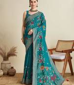 Rama green cotton saree party wear with unstitched blouse