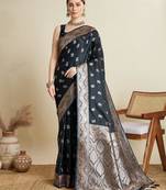 Black soft silk blend saree party wear with unstitched blouse