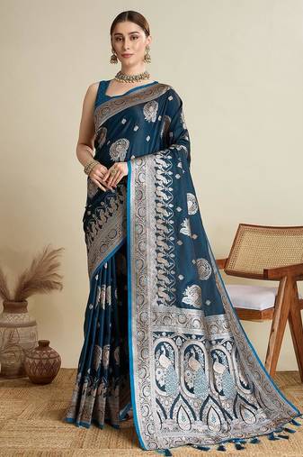 Blue soft silk blend saree party wear with unstitched blouse