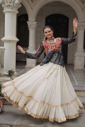 BLACK WHITE BANDHANI PRINT GAMTHI PATCH WORK COTTON NAVRATRI STITCHED LEHENGA CHOLI