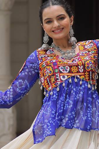 BLUE WHITE BANDHANI PRINT GAMTHI PATCH WORK COTTON NAVRATRI STITCHED LEHENGA CHOLI