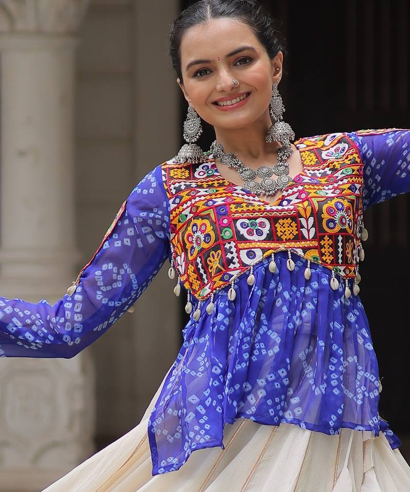 BLUE WHITE BANDHANI PRINT GAMTHI PATCH WORK COTTON NAVRATRI STITCHED LEHENGA CHOLI
