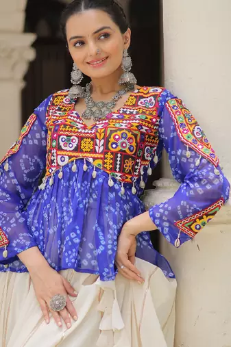 BLUE WHITE BANDHANI PRINT WITH GAMTHI PATCH WORK COTTON TRADITIONAL NAVRATRI WEDDING FESTIVAL STITCHED LEHENGA CHOLI