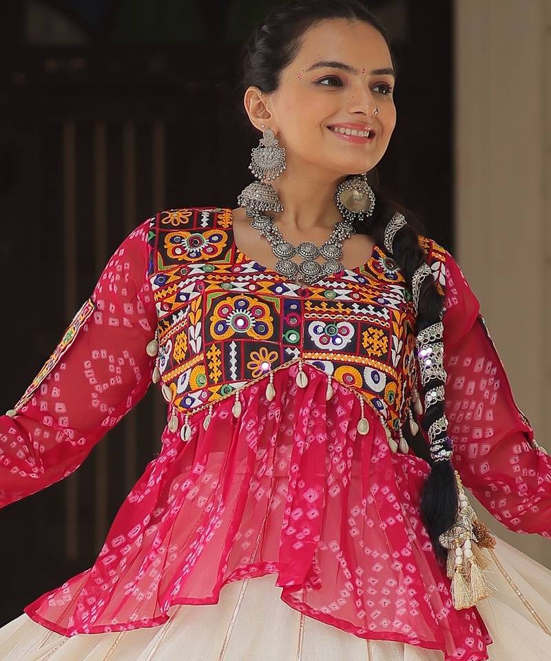 PINK WHITE BANDHANI PRINT GAMTHI PATCH WORK COTTON NAVRATRI STITCHED LEHENGA CHOLI