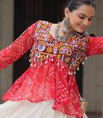 RED WHITE BANDHANI PRINT WITH GAMTHI PATCH WORK COTTON TRADITIONAL NAVRATRI WEDDING FESTIVAL STITCHED LEHENGA CHOLI