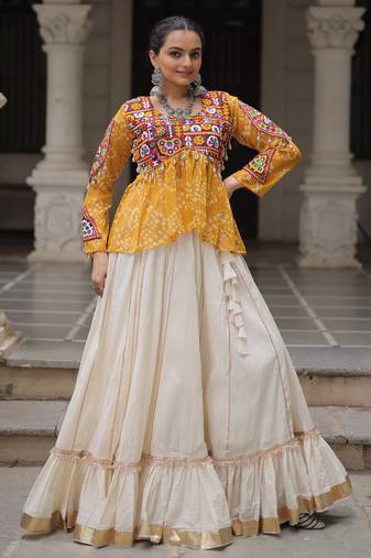 YELLOW WHITE BANDHANI PRINT GAMTHI PATCH WORK COTTON NAVRATRI STITCHED LEHENGA CHOLI