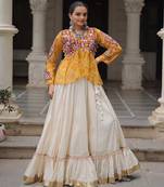 YELLOW WHITE BANDHANI PRINT WITH GAMTHI PATCH WORK COTTON TRADITIONAL NAVRATRI WEDDING FESTIVAL STITCHED LEHENGA CHOLI
