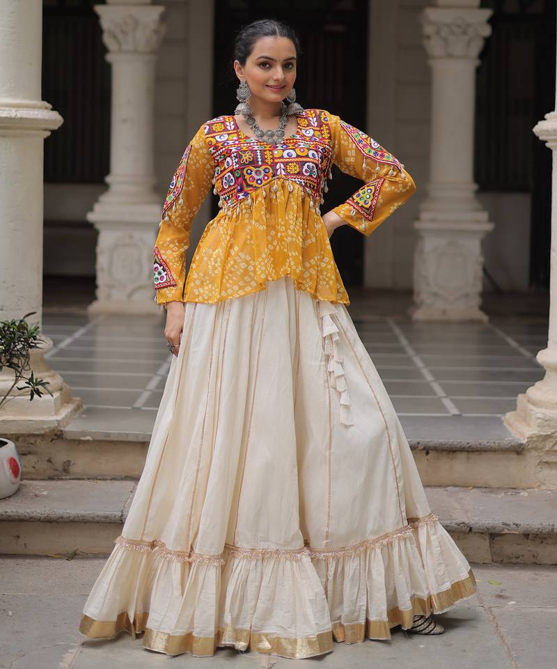 YELLOW WHITE BANDHANI PRINT GAMTHI PATCH WORK COTTON NAVRATRI STITCHED LEHENGA CHOLI