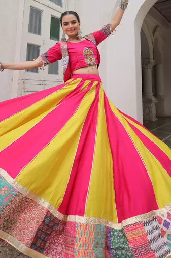 YELLOW PINK CROCHET PRINT EMBROIDERED NAVRATRI STITCHED LEHENGA CHOLI