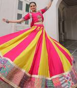 Pink & Yellow Garba Dress Cotton Navratri Lehenga Choli with Patchwork Design