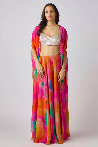 Multicolor printed crepe cape set