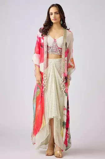 Multicolor printed georgette cape set