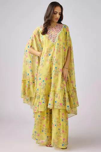 Yellow printed chinon cape set