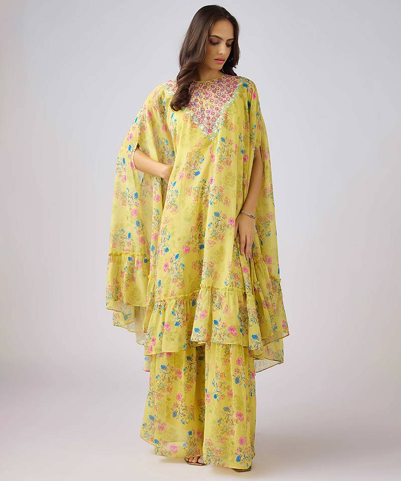 Yellow printed chinon cape set