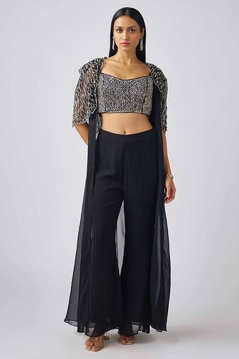 Black printed georgette cape set